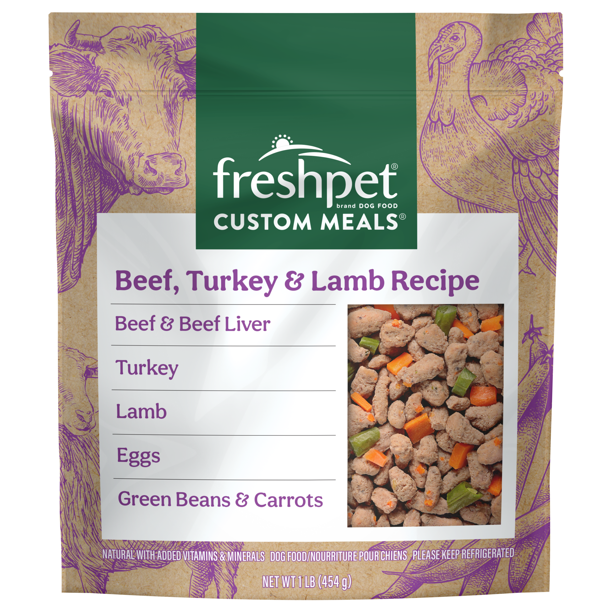 FRESHPET CUSTOM MEALS BEEF, TURKEY & LAMB RECIPE 1 LB